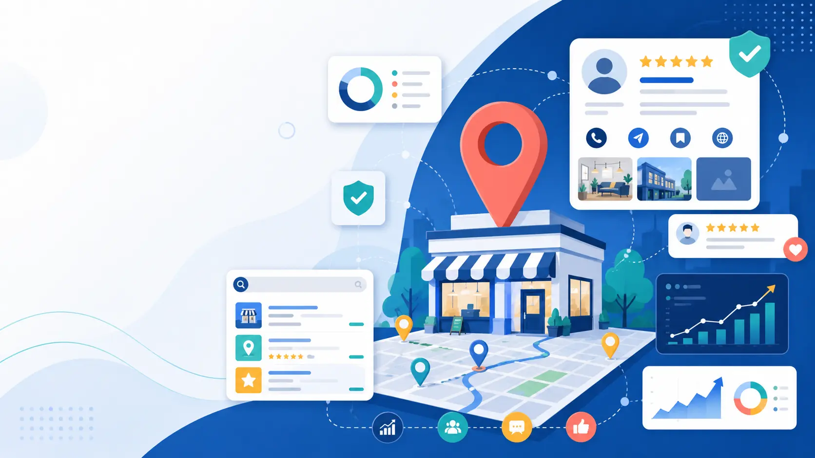 Illustration of a building on a google map. Representing setting up a Google Business Profile.